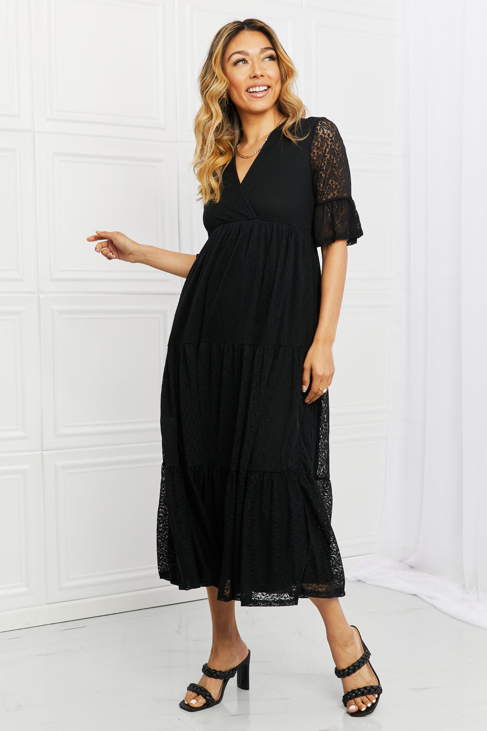 Black Lace Dress, Midi Tiered - Made in USA - In Style Chics Boutique Women's Clothes Plus Size 