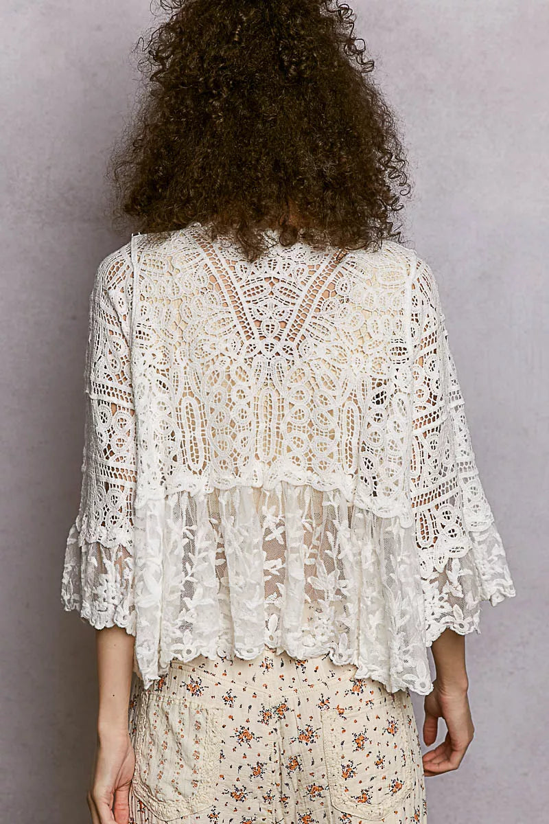 Floral White Lace Short Sleeve Crochet Cardigan with Tassel Tie by POL
