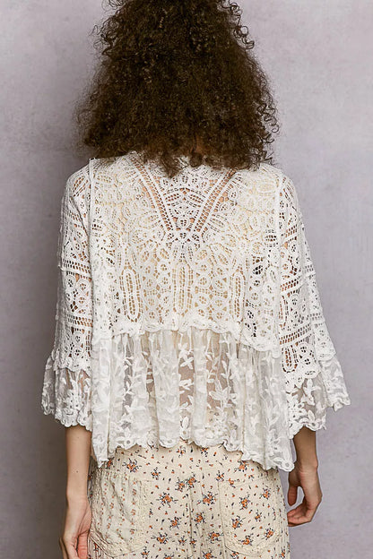 Floral White Lace Short Sleeve Crochet Cardigan with Tassel Tie by POL