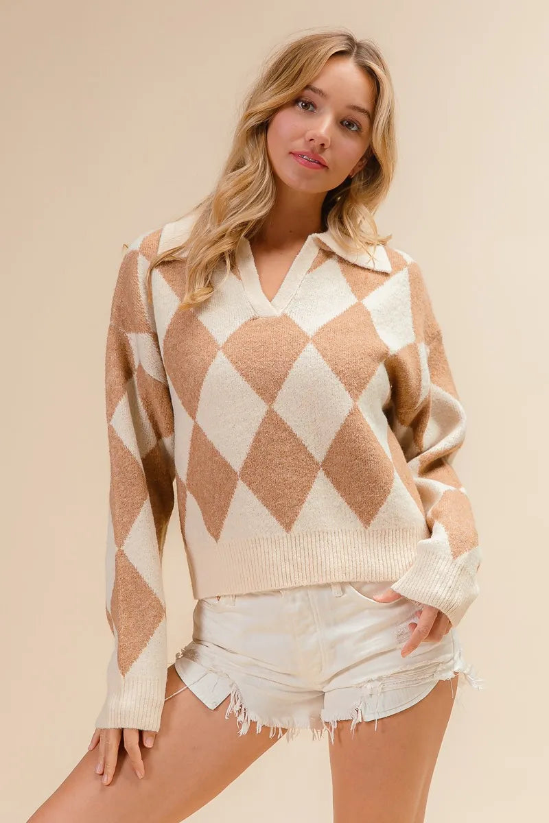 Diamond Pattern Collared Notch Neck Sweater at In Style Chics Boutique 