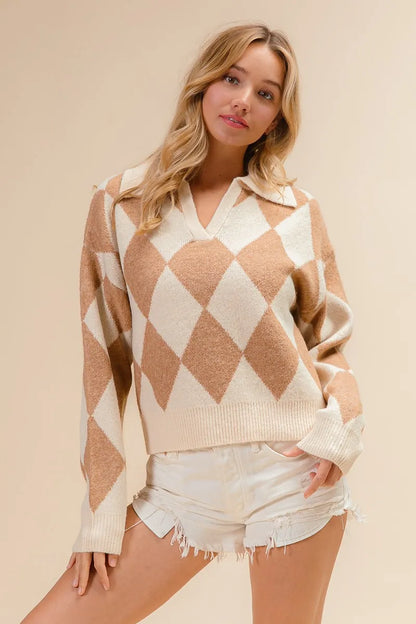 Diamond Pattern Collared Notch Neck Sweater at In Style Chics Boutique 