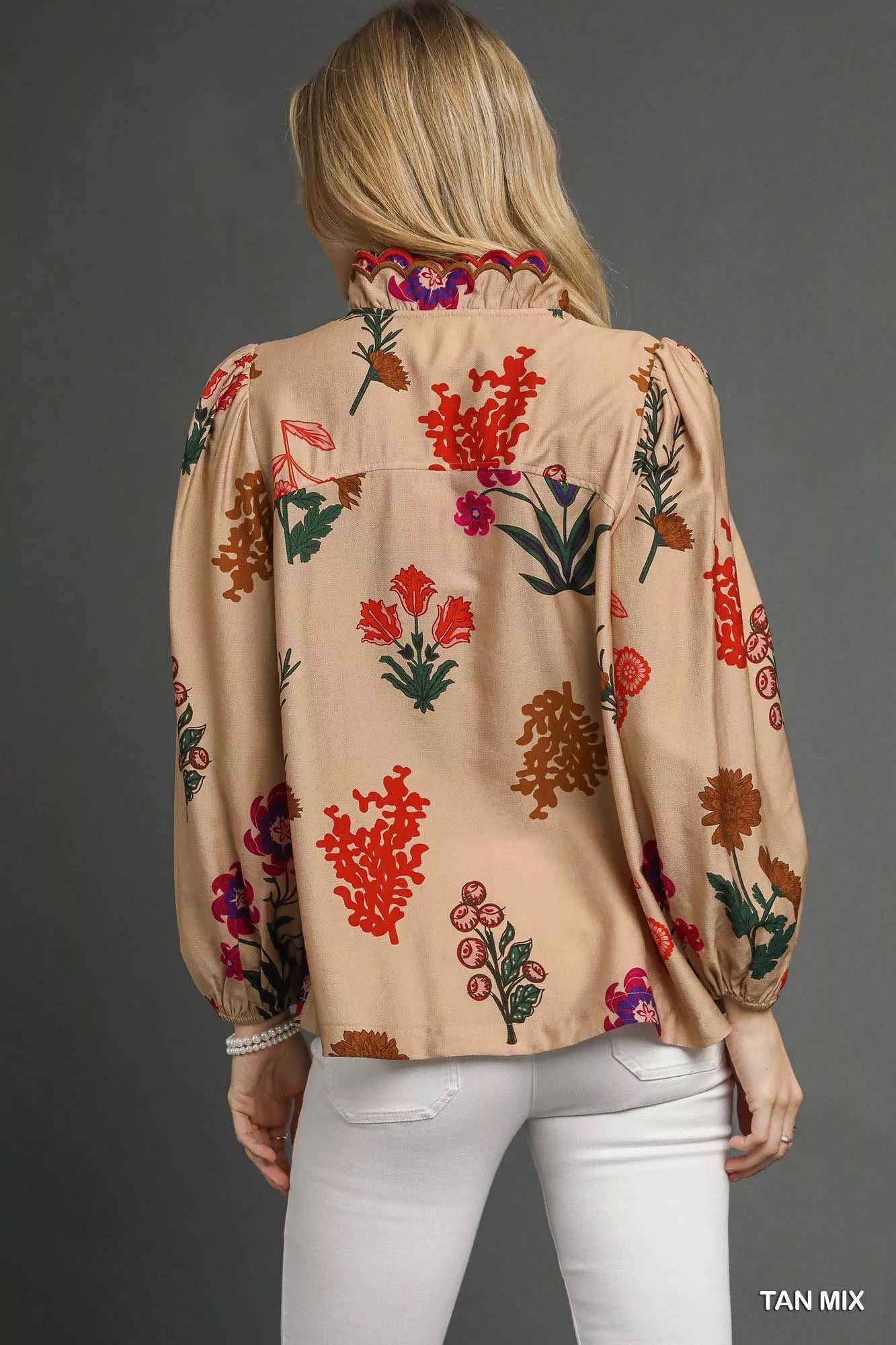 Flower Print Blouse with Scalloped Neckline