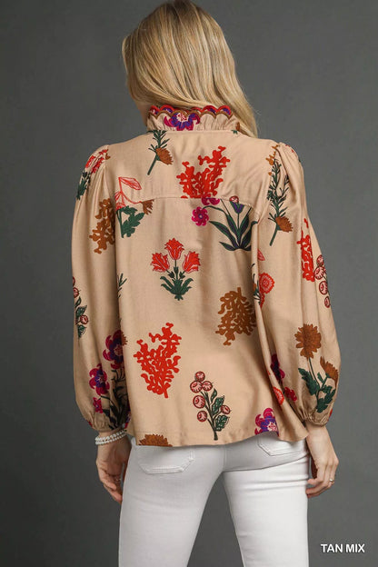 Flower Print Blouse with Scalloped Neckline