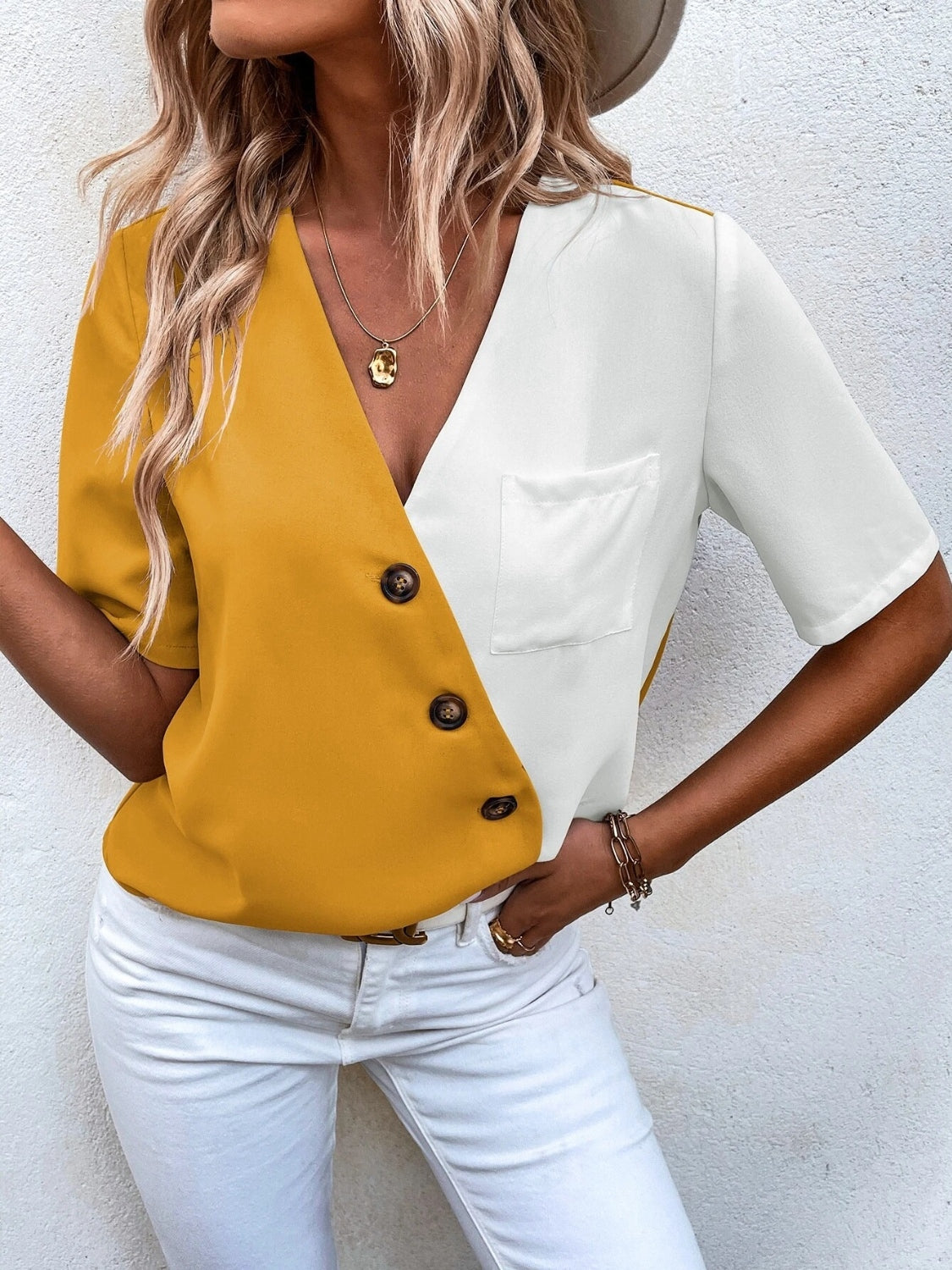 Decorative Button Surplice Short Sleeve Blouse - More Colors! - In Style Chics Boutique LLC