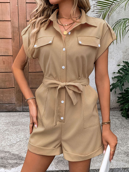 Collared Neck Tie Waist Romper with Pockets - In Style Chics Boutique LLC