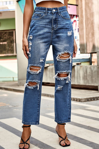 Distressed High Waist Straight Jeans - In Style Chics Boutique LLC