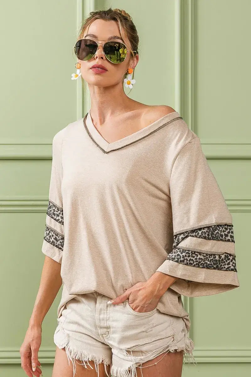 Triblend Knit Top with Leopard Band Detail