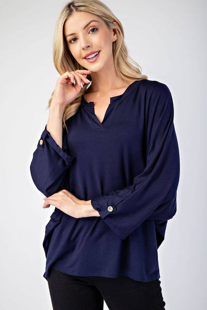 Celeste Full Size Notched Three-Quarter Sleeve Blouse - In Style Chics Boutique LLC