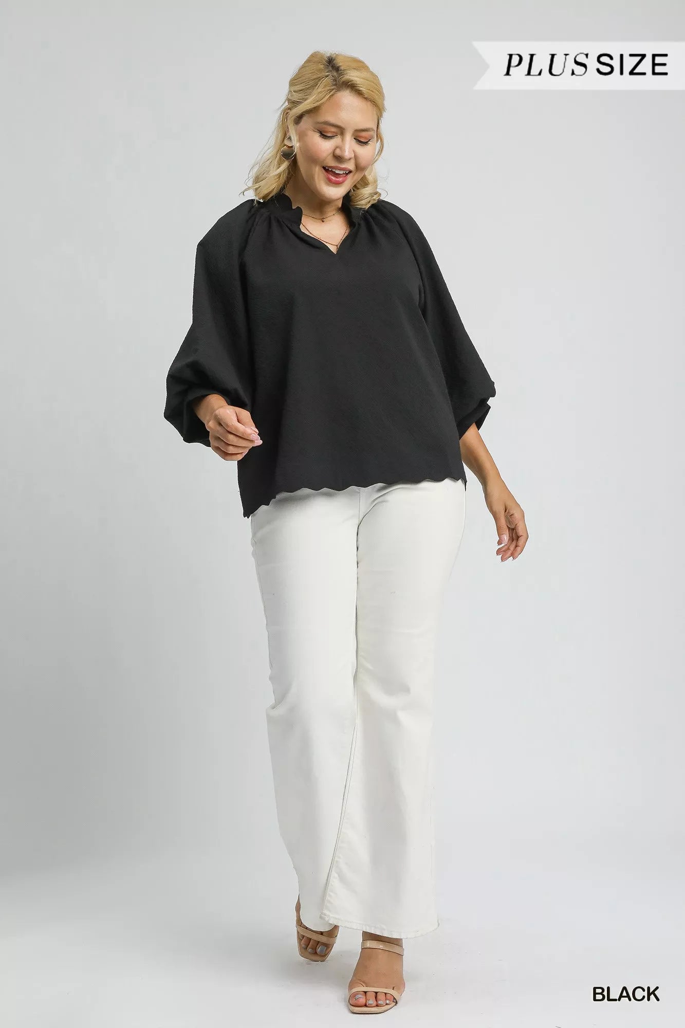 Black Blouse Textured Notched Balloon Sleeve at In Style Chics Boutique 