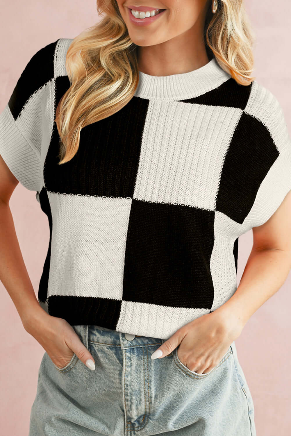 Khaki Checkered Color Block Crew Neck Short Sleeve Sweater - Cute Clothes Online - In Style Chics Boutique Women's Juniors 