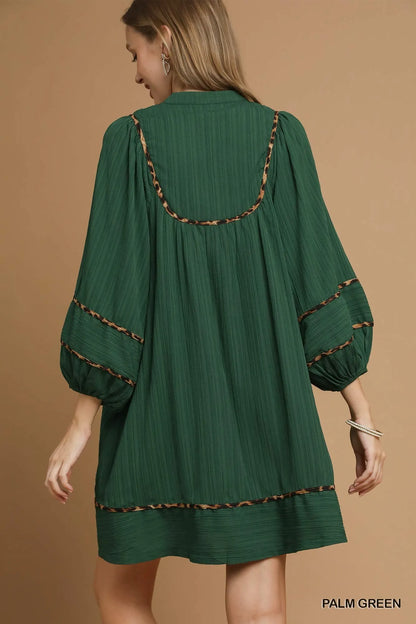 Textured Babydoll Dress with Leopard Trim at In Style Chics Boutique 