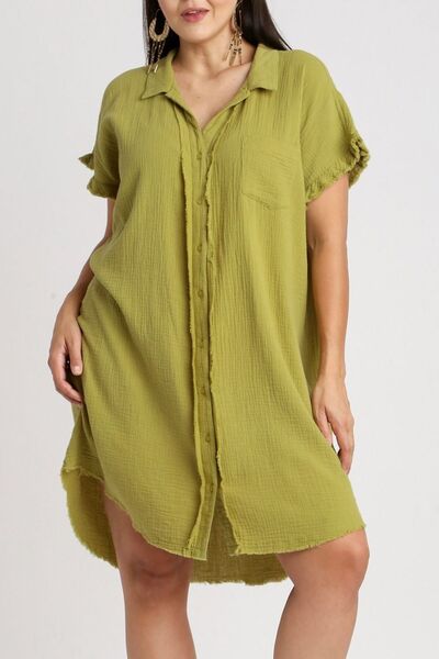 Raw Hem Button Down Short Sleeve Gauze Shirt Dress - In Style Chics Boutique Online Clothing 