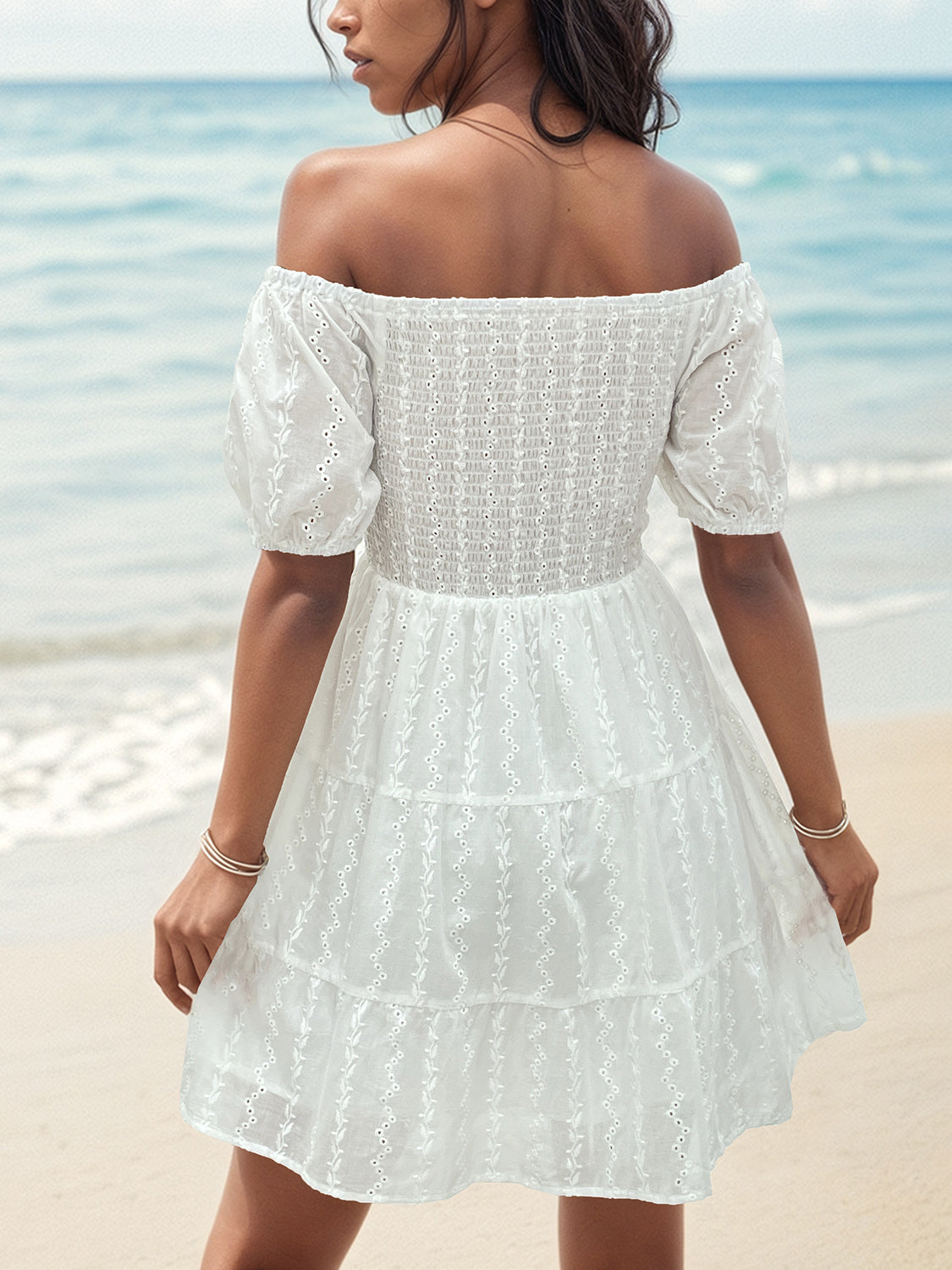 Smocked Eyelet Off-Shoulder Mini Dress - In Style Chics Boutique LLC