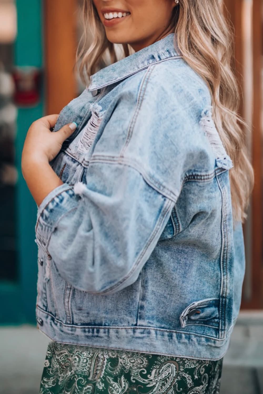 Distressed Drop Shoulder Denim Jacket - In Style Chics Boutique LLC