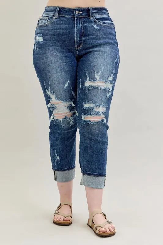 Judy Blue Mid Rise Cuffed Destroy Boyfriend Jeans - In Style Chics Boutique Women's Clothes Online Plus Size 