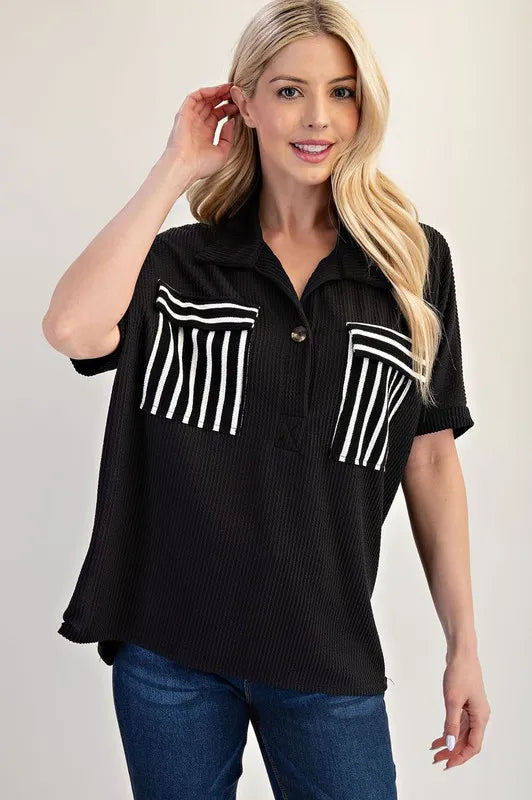 Rib Knit Collared Top with Striped Pockets - In Style Chics Boutique Women's Juniors Plus Size Cute Clothes Online 