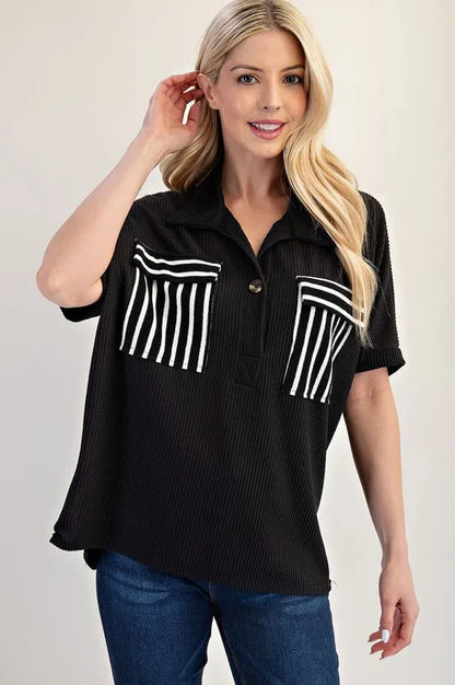 Rib Knit Collared Top with Striped Pockets - In Style Chics Boutique Women's Juniors Plus Size Cute Clothes Online 