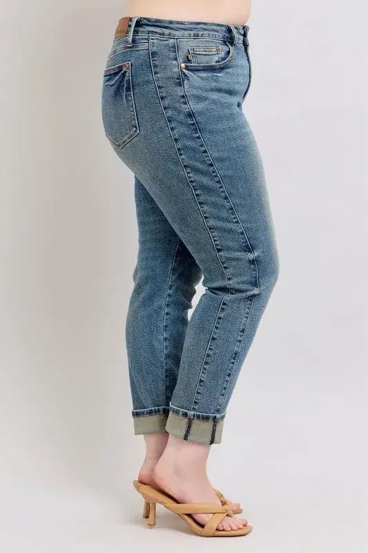 Judy Blue Mid Rise Vintage Wash Double Roll Cuff Boyfriend Jeans - In Style Chics Boutique Women's Juniors Plus Size Apparel Online 