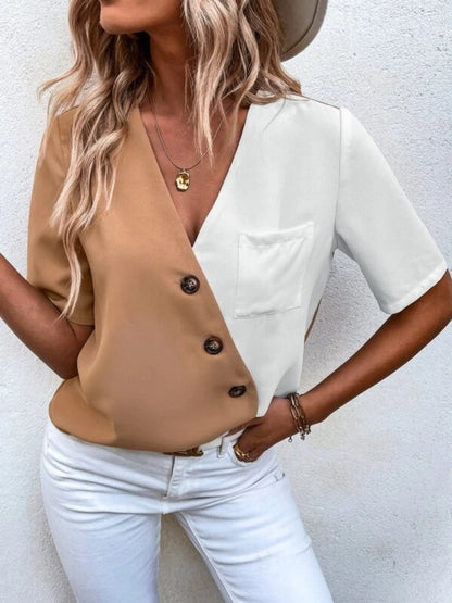 Decorative Button Surplice Short Sleeve Blouse - More Colors! - In Style Chics Boutique LLC