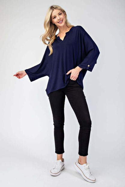 Celeste Full Size Notched Three-Quarter Sleeve Blouse - In Style Chics Boutique LLC