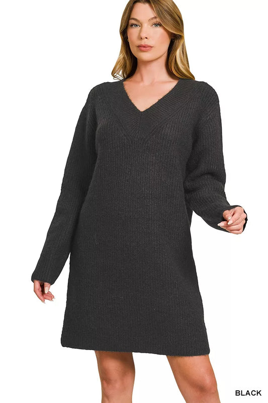 Shop Black 🖤 Sweater Dress, V-Neck Long Sleeve Ribbed at In Style Chics Boutique 