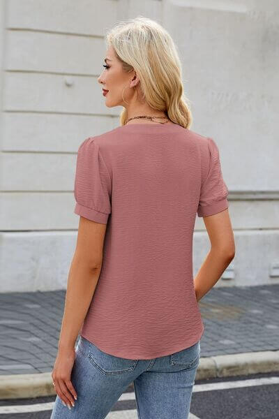 Bow Notched Short Sleeve Blouse