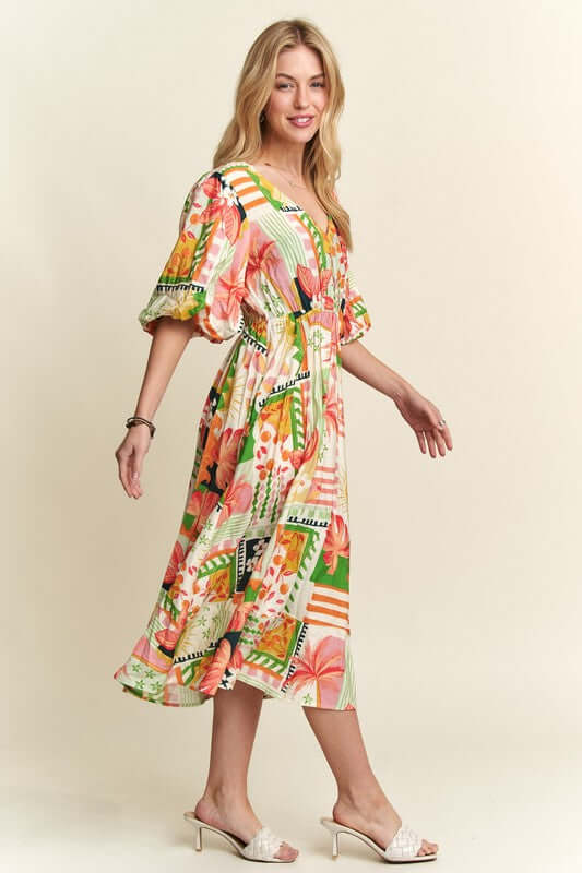 ADORA Floral V-Neck Puff Sleeve Midi Dress - In Style Chics Boutique LLC