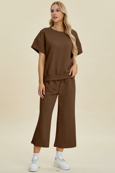 Textured Round Neck Top and Pants Set - In Style Chics Boutique Women's Juniors Plus Size Apparel Online 
