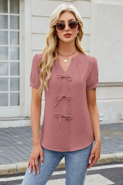 Bow Notched Short Sleeve Blouse