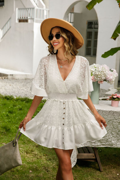 Lace Cutout Surplice Half Sleeve Dress - In Style Chics Boutique LLC