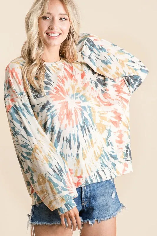 Tie Dye Print Terry Pull Over at In Style Chics Boutique 