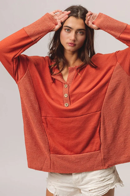 French Terry Knit Side Block Buttoned Henley Top at In Style Chics Boutique 