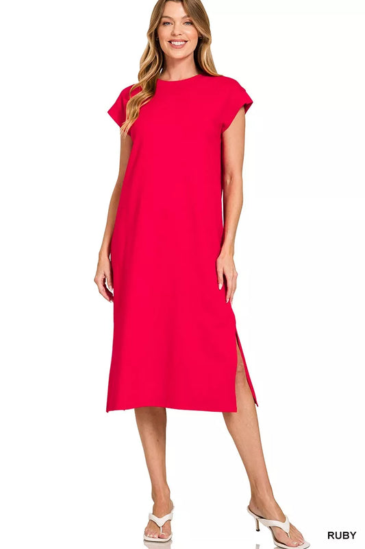 Midi Dress in Ruby Red with Side Slit at In Style Chics Boutique 