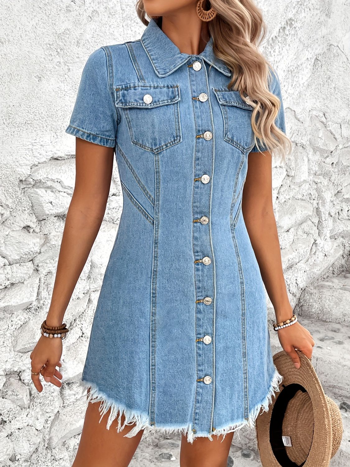 Raw Hem Button Up Short Sleeve Denim Dress - In Style Chics Boutique LLC