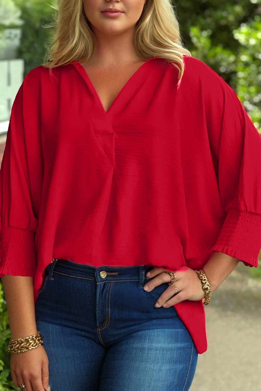 Shop this Fiery Red Plus Size Shirred Cuff Dolman Oversized Tunic Blouse at In Style Chics Boutique ♥️