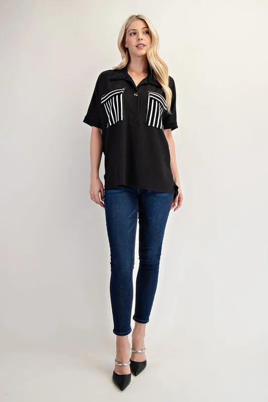 Rib Knit Collared Top with Striped Pockets - In Style Chics Boutique Women's Juniors Plus Size Cute Clothes Online 