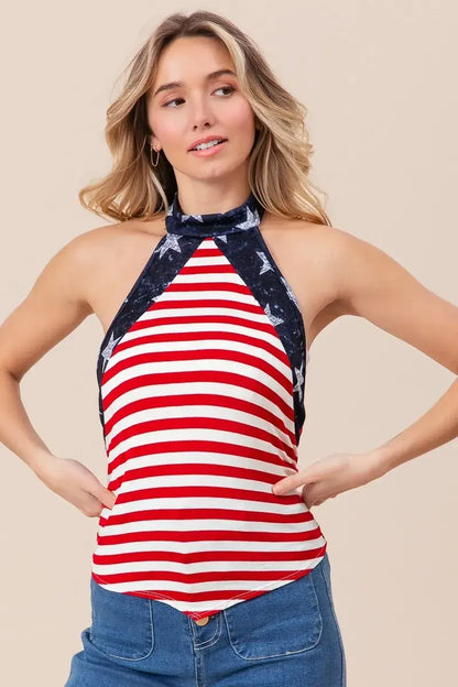 Stripe Jersey with Star Halter Neck with Tie Back - Memorial Day - Fourth of July - In Style Chics Boutique Women's Juniors Apparel Online 