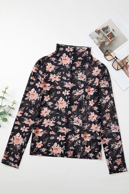 Black Floral Long Sleeve Slim Fit Mesh Top - In Style Chics Boutique LLC