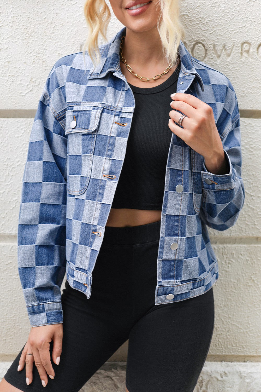 Checkered Button Up Long Sleeve Denim Jacket - In Style Chics Boutique LLC