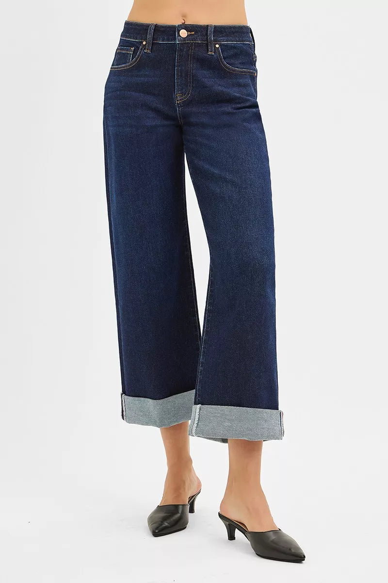 RISEN Mid Rise Fit Ankle Wide Roll Up Jeans at In Style Chics Boutique 