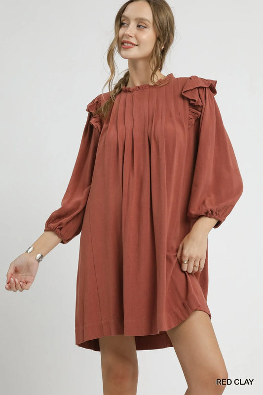 Linen Babydoll Dress, Ruffle Shoulder Pleated at In Style Chics Boutique 