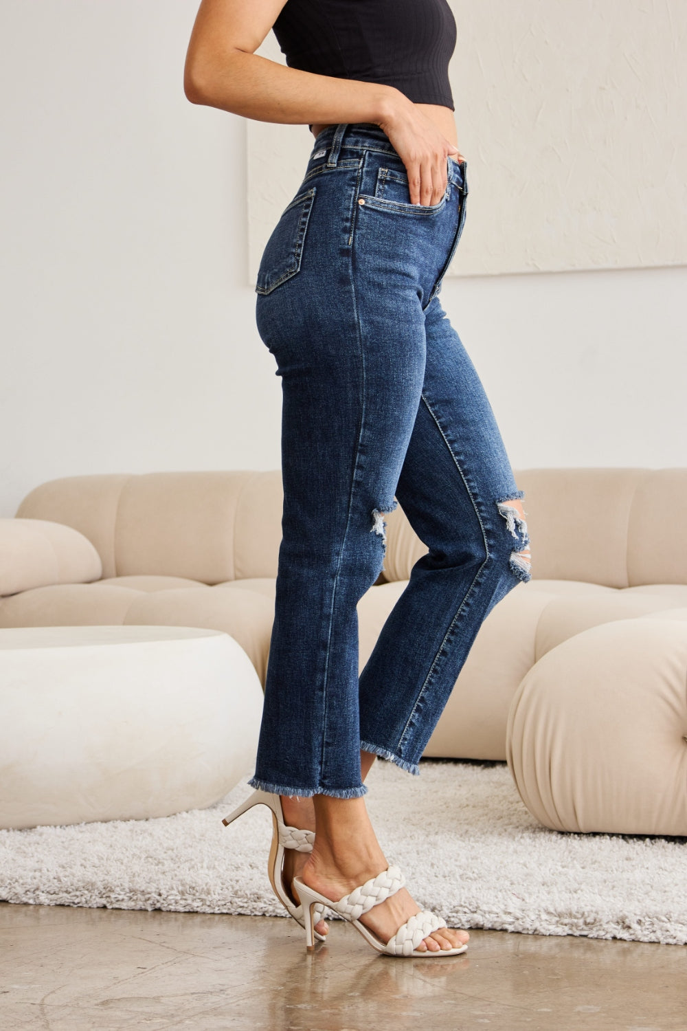 RFM Crop Dylan Full Size Tummy Control Distressed High Waist Raw Hem Jeans - In Style Chics Boutique LLC