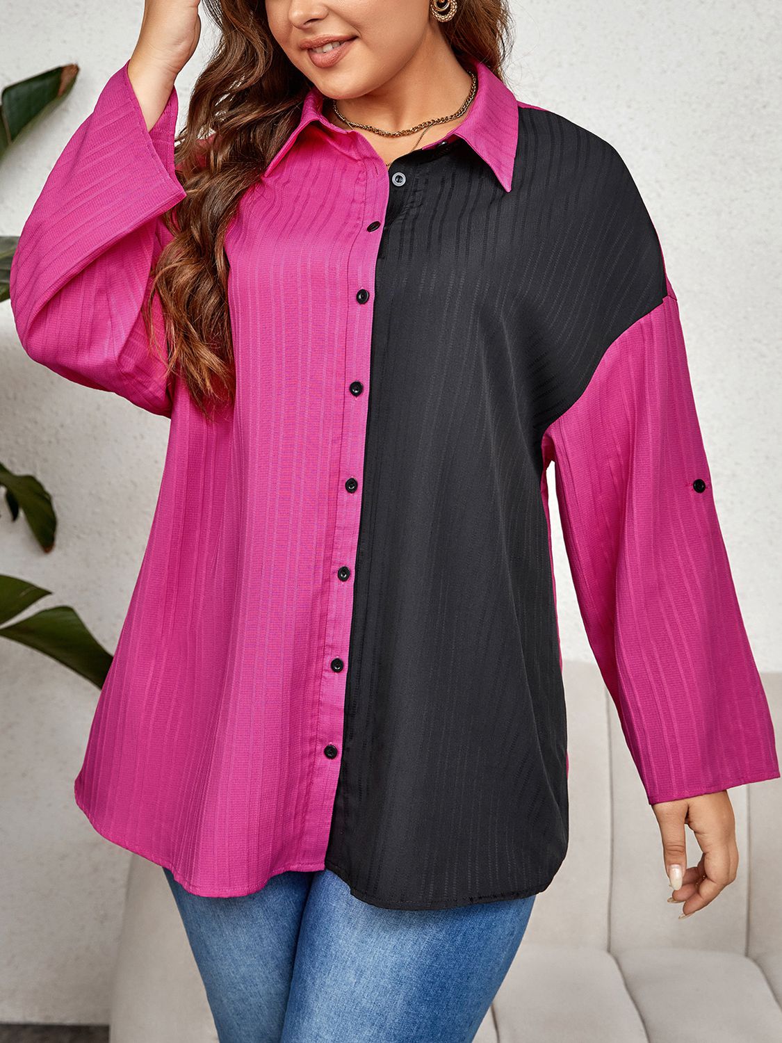 Plus Size Contrast Color Roll-Tap Sleeve Shirt - In Style Chics Boutique LLC