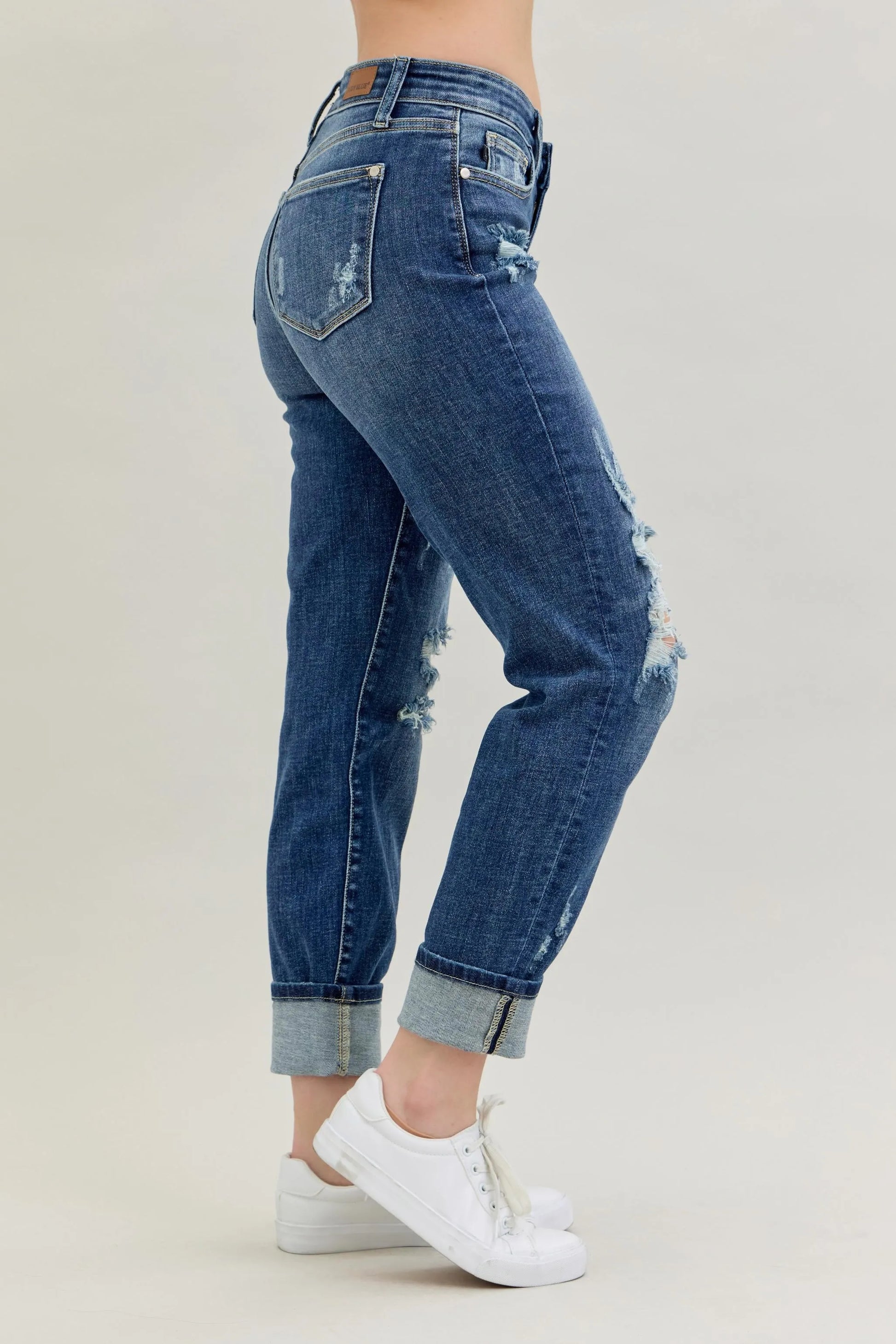 Judy Blue Mid Rise Cuffed Destroy Boyfriend Jeans - In Style Chics Boutique Women's Clothes Online Plus Size 