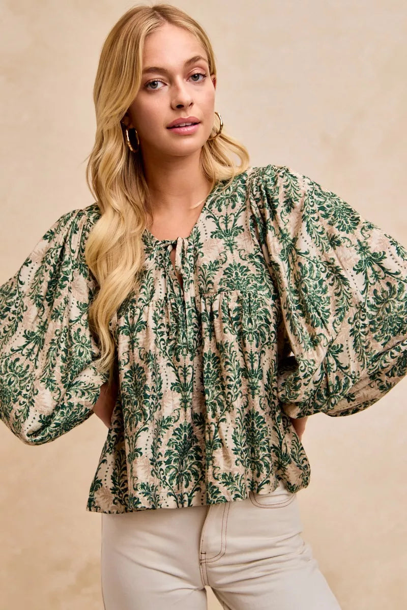 Printed Woven Front Tied Blouse with Balloon Sleeve at In Style Chics Boutique 