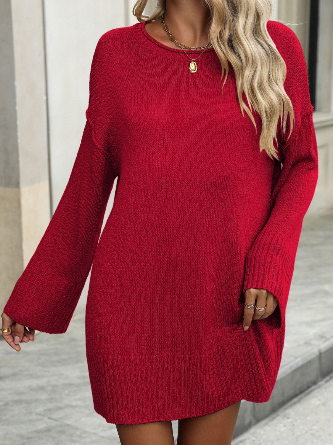 Round Neck Dropped Shoulder Sweater - In Style Chics Boutique LLC