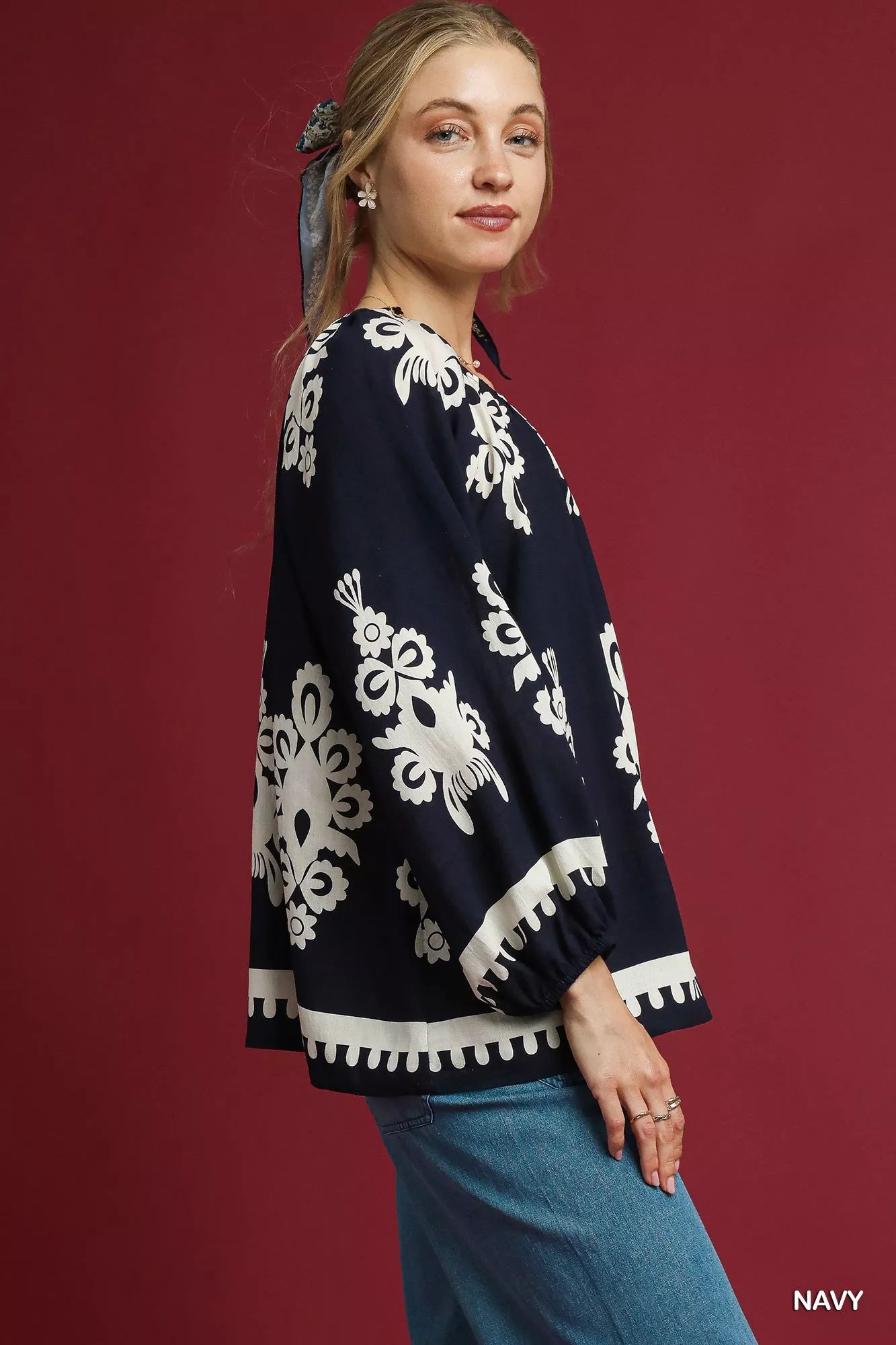 Two Tone Border Print Navy Top with Balloon Sleeves at In Style Chics Boutique