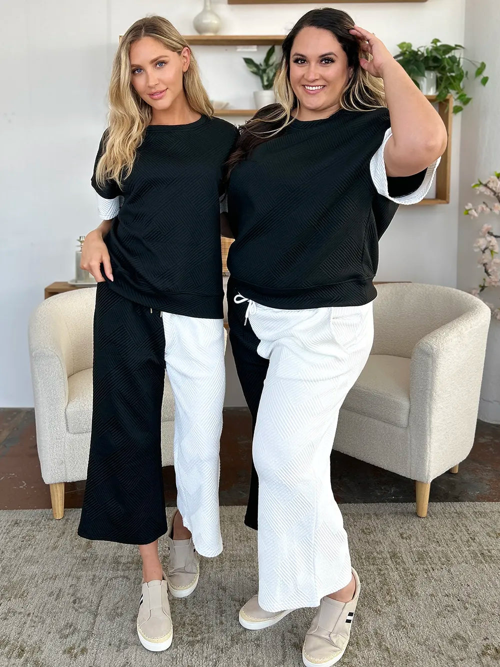 Textured Contrast T-Shirt and Wide Leg Pants Set - In Style Chics Boutique Women's Clothes 