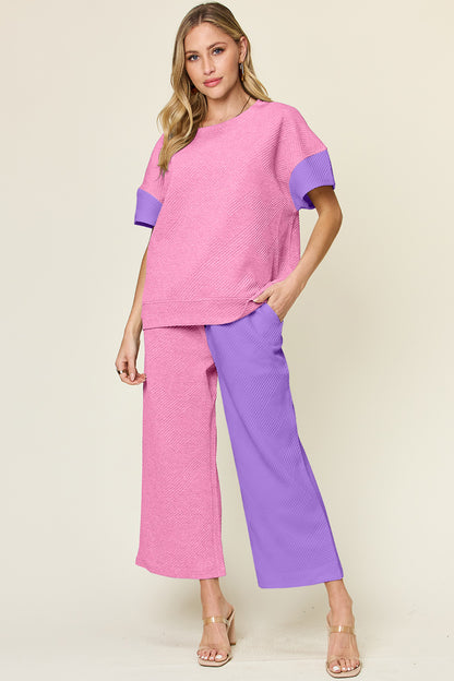 Double Take Full Size Texture Contrast T-Shirt and Wide Leg Pants Set - More Colors! - In Style Chics Boutique LLC