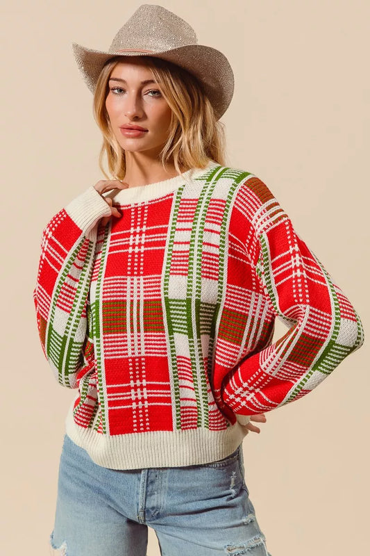 Shop Christmas Color Checkered Plaid Crew Neck Sweater at In Style Chics Boutique 